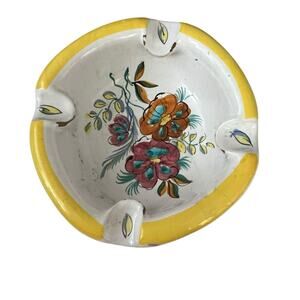 Majolica Deruta Italian Pottery Handmade Painted Floral Ashtray Vintage Yellow